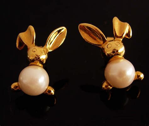 Whimsical Rabbit Earrings Vintage Bunny Golden Set Pearl Etsy