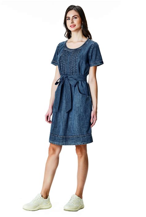 Shop Pintuck Pleat Cotton Denim Shift Dress Eshakti