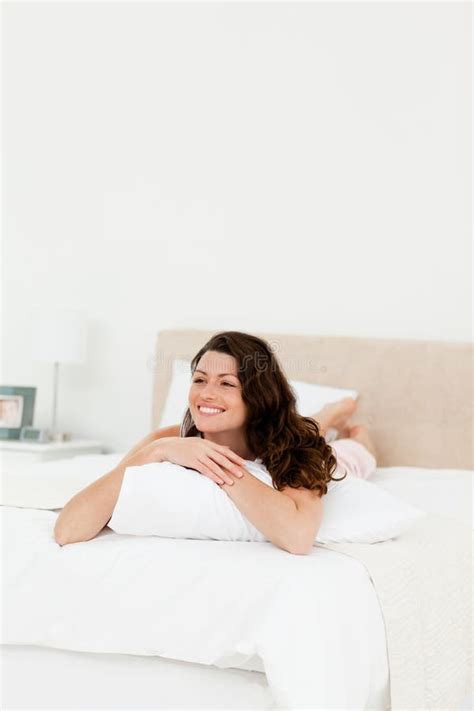 Pretty Woman Relaxing At Home Lying On Her Bed Stock Photo Image Of Happy Enjoyment