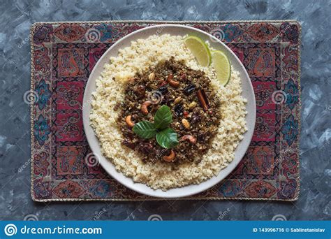 Moroccan Spiced Mince With Couscous Top View Stock Photo Image Of