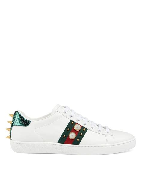 Gucci Ace Pearl And Stud Detail Leather Trainers In White Save 55 Lyst