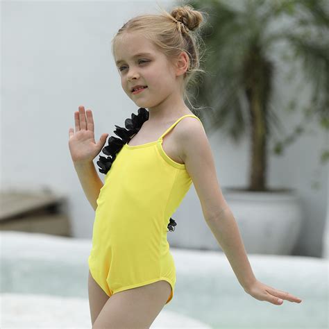 2022 Yellow Solid Color One Piece Kid Bikini Swimwear Children Girl