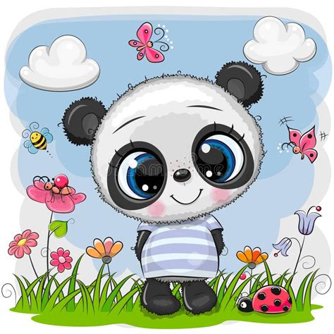 Cute Cartoon Baby Panda On A Meadow Stock Vector Illustration Of
