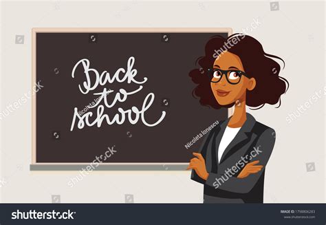 African Female Teacher Standing Front Blackboard 库存矢量图（免版税）1798806283