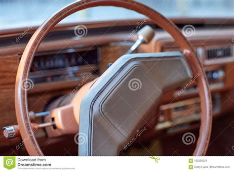 Steering Wheel Inside A Vintage Car Stock Image Image Of Plush
