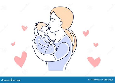 Mother And Baby Motherhood Love Mom Kissing A Child Hand Drawn Style