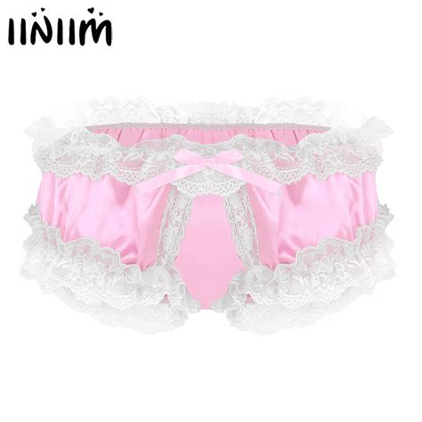 Mens Satin Jockstraps Fabric Ruffled Lace Lingerie Sexy Panties For