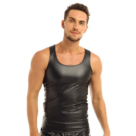 Men Faux Leather Wetlook Muscle Vest Shiny Nightclub Costume T Shirt