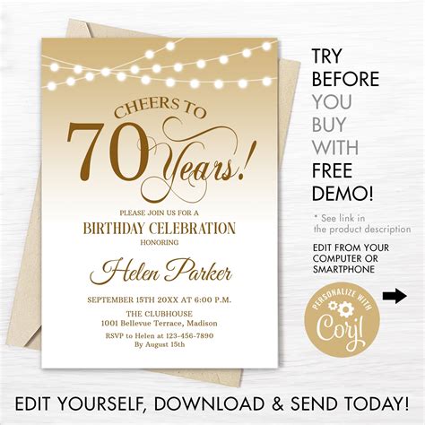 Editable 70th Birthday Party Invitation Instant Download Diy Etsy
