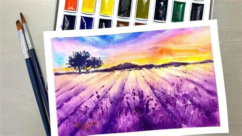 Landscape With A Field Of Lavender Watercolor Painting Tutorial For