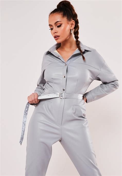 Grey Faux Leather Button Down Jumpsuit Missguided