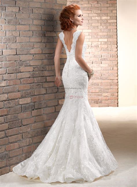 Under 200 Mermaid Lace Classic V Neck Spring Button Wedding Dresses Nw 0185