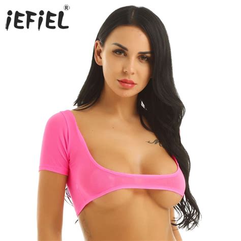 Sexy Women Soft Mesh See Through Crop Tops Clubwear Solid Color Sheer Open Bust Belly Crop Top