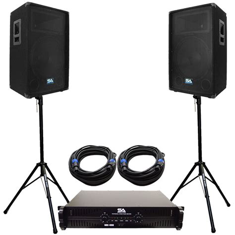 Seismic Audio Pair 15 Pa Dj Speakers With Amplifer Stands And 50 Cables
