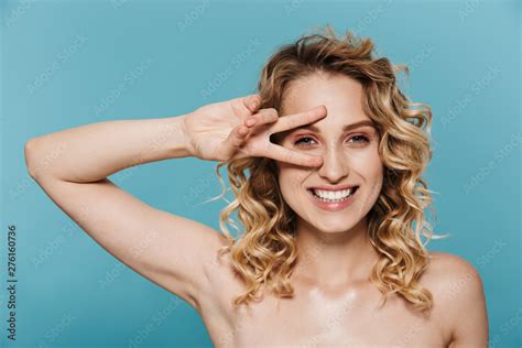 Beauty Image Of Pretty Half Naked Woman With Curly Hair Laughing And Showing Peace Sign Stock
