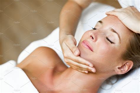 Woman Receiving A Head Massage Featuring Massage Head And Spa