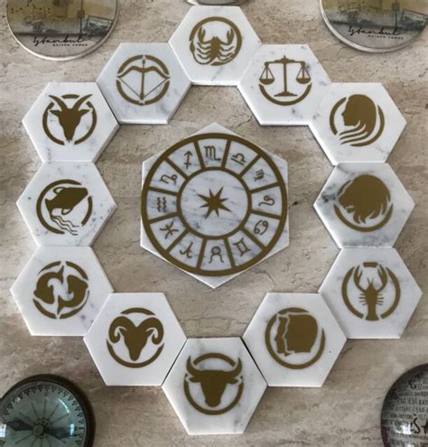 Astrology Zodiac Signs Natural Stone Real Italian Marble Hexagonal