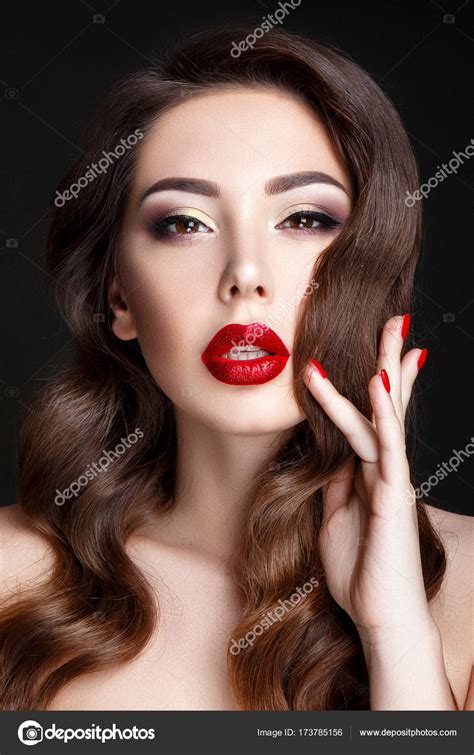 Brunette With Red Lips Stock Photo Demidenkoelena