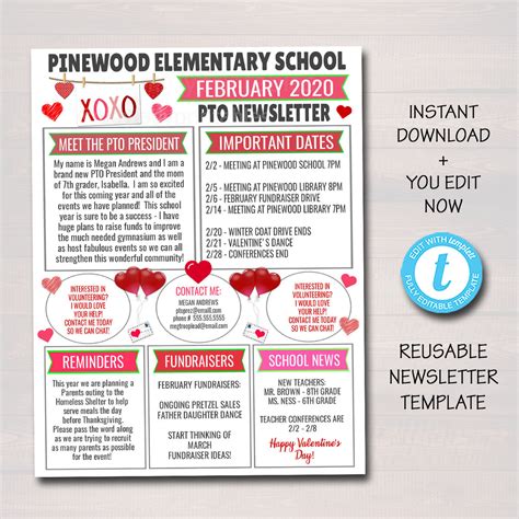 February Newsletter Template Pto Pta Tidylady Printables
