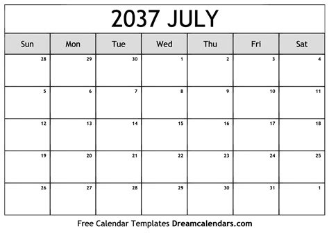 July 2037 Calendar Free Blank Printable With Holidays