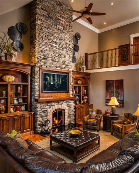 Living room stone fireplace