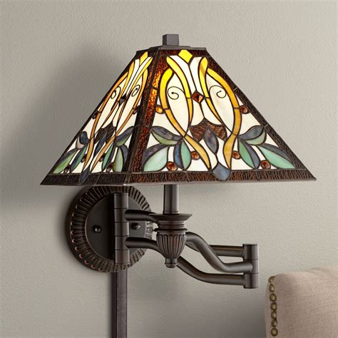 Robert Louis Tiffany Rustic Swing Arm Wall Lamp Bronze Plug In Light Fixture Multi Colored