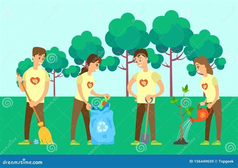 Volunteers Cleaning Environment And Growing Tree Stock Vector
