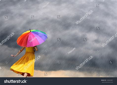 Multicolor Umbrella Yellow Woman Against Rain Stock Photo 104840381 Shutterstock