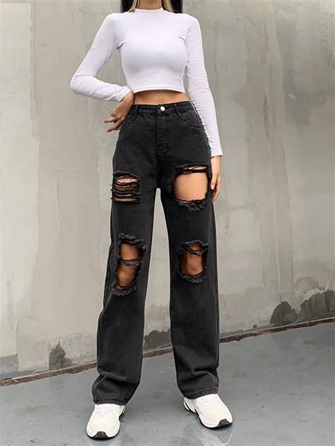 High Waist Button Personality Ripped Loose Straight Leg Pants In Black Ripped Jeans