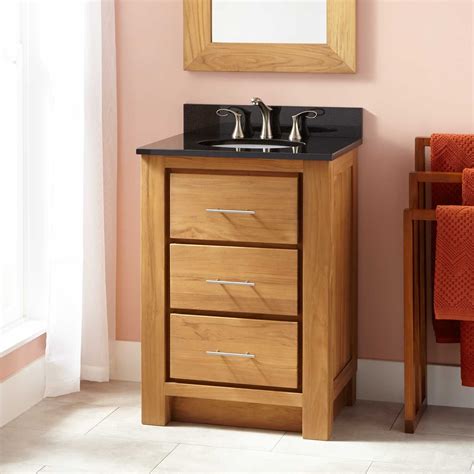 What makes them a small bathroom solution rather than a utilitarian compromise is that despite the reduced depth, narrow bathroom vanities come with standard sized sinks. 24" Narrow Depth Montara Teak Vanity for Undermount Sink ...
