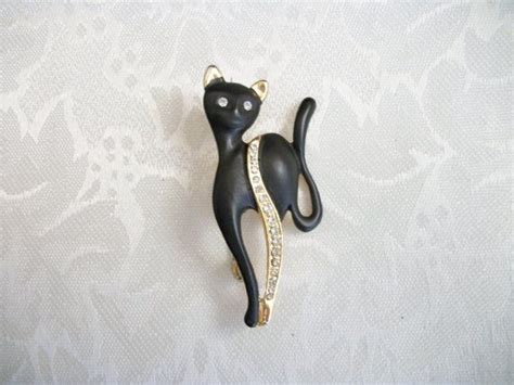 Vintage Black Enamel Cat Clear Rhinestones Goldtone Figural Etsy Black Enamel Clear