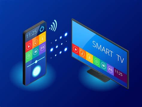 아이소메트릭 스마트 Tv는 스마트폰으로 제어되며 클라우드를 통해 정보를 전송합니다 스마트 Tv 인터페이스 앱 벡터 일러스트