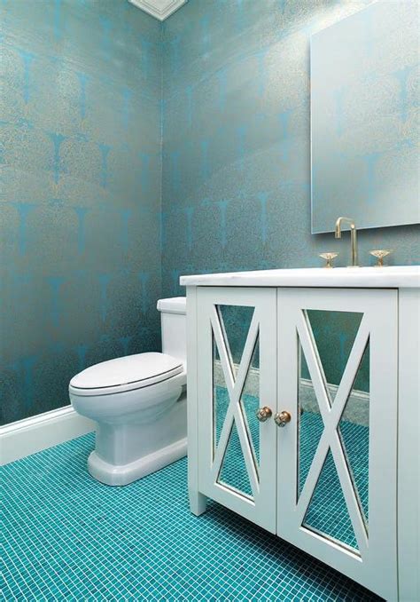 Silver And Turquoise Damask Wallpaper With Ocean Blue Tile