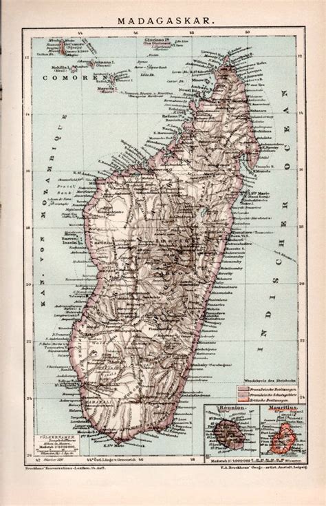 Madagascar Old Map Antique Print Vintage Lithograph