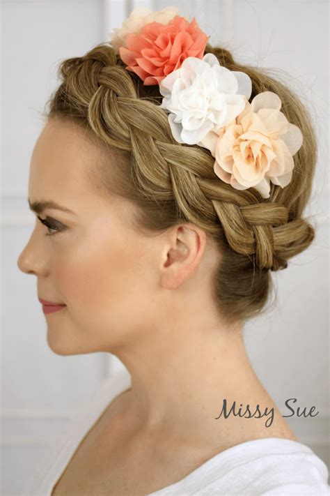 Wedding prom hairstyle for long hair _ updo tutorial with braided flowers. Flower Crown Braid