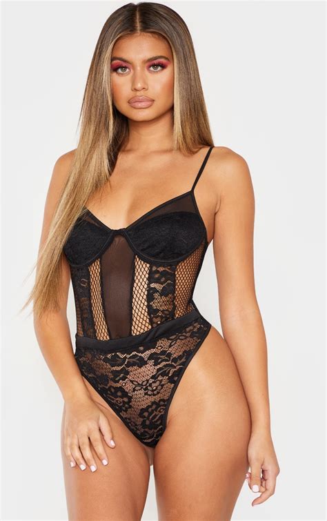 black sheer lace cupped bodysuit tops prettylittlething ca