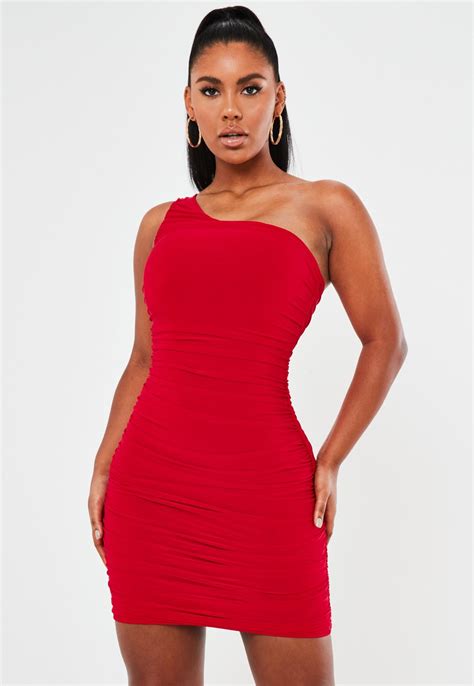 Red Slinky One Shoulder Ruched Bodycon Mini Dress Missguided