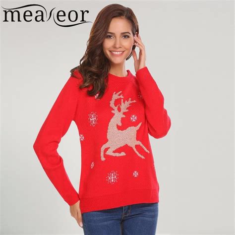 Meaneor Women Winter Christmas Sweaters O Neck Long Sleeve Christmas Print Casual Pullover