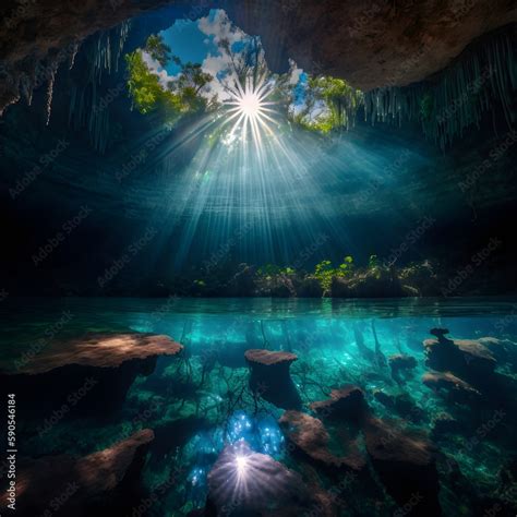 Mexico Big Cenotes Bioluminescent Transparent Blue Water Hole In The