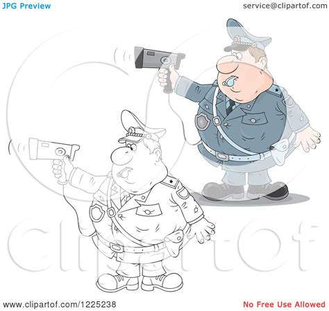 Clipart Of An Outlined And Colored Chubby Police Offer Blowing A