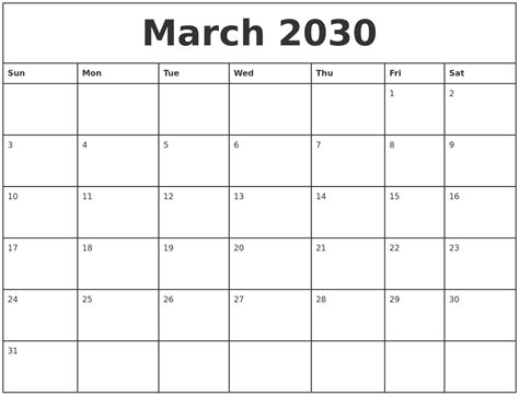 March 2030 Printable Monthly Calendar