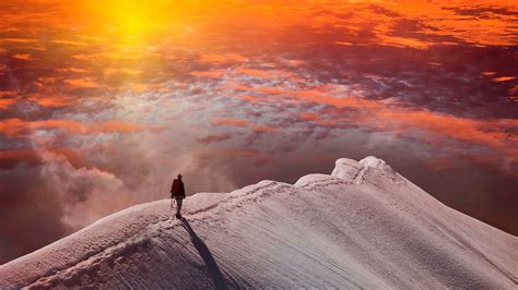 1024x1024 Standing At Snowy Peak Mountain Sunset 1024x1024 Resolution