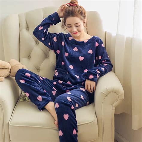 hot sale winter women pajamas thicken flannel pajama set print thick warm love pijama girl