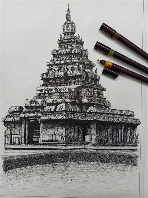 Pen Rendering Temple Drawing Temple Art Drawings