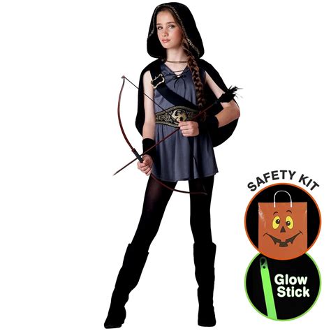 Girls Tween Hooded Huntress Costume Halloween Trick Or Treat Safety Kit