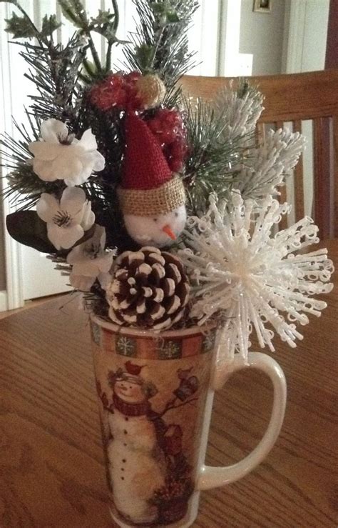 Winter Christmas Snowman Coffee Mug Floral Arrangement~free Shipping