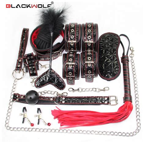 blackwolf pu leather bdsm kits sex bondage set erotic collar whip gag handcuffs nipple clamps