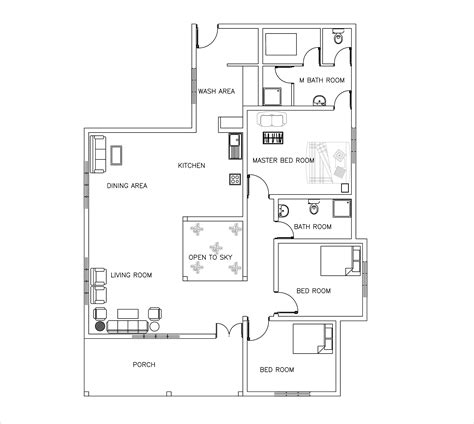 Single Story Three Bed Room House Plan
