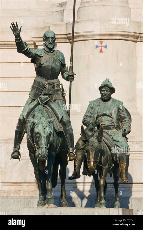 Monuments To Cervantes In Plaza De Espana Don Quijote Riding His Horse