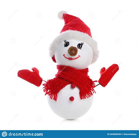 Decorative Snowman With Red Hat Scarf And Mittens Isolated On White